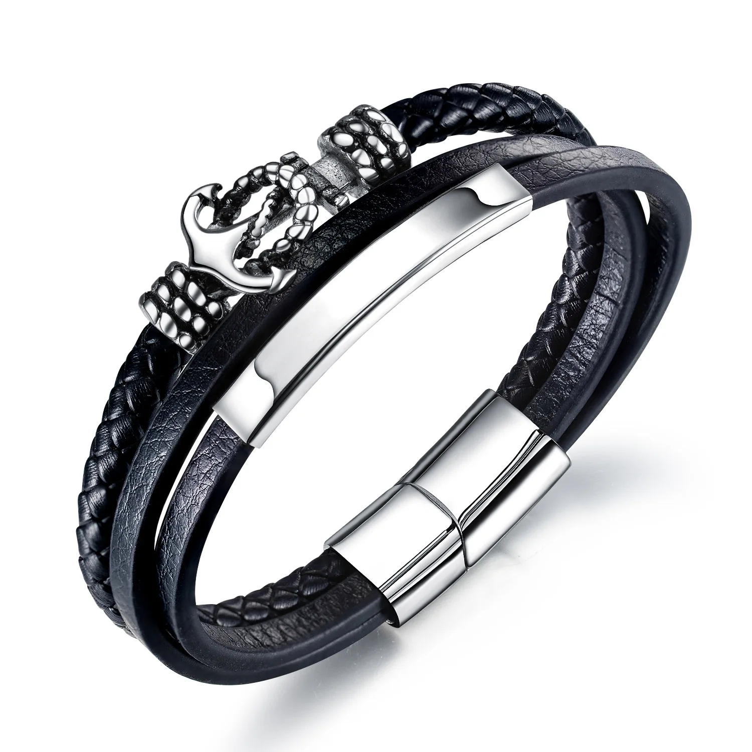 

Evan Men's stainless steel Jewelry Stainless steel anchor bracelet Bangle multi-layer woven leather bracelet Set women's bracele, Black