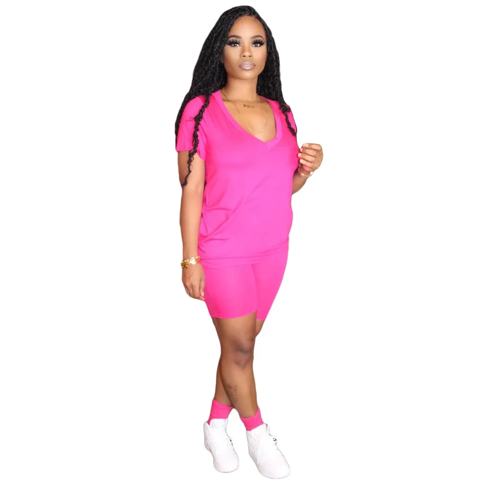 

9240 Women Clothing 2 Piece Women Outfit Two Pieces Shorts Set Short Sleeves Soild V Neck Casual Cotton High Waist Loose Satin