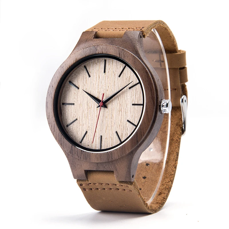 Creative Design OEM Customized Logo Cowhide Leather Strap Japanese Quartz Movement Casual Men's  Wooden Watch