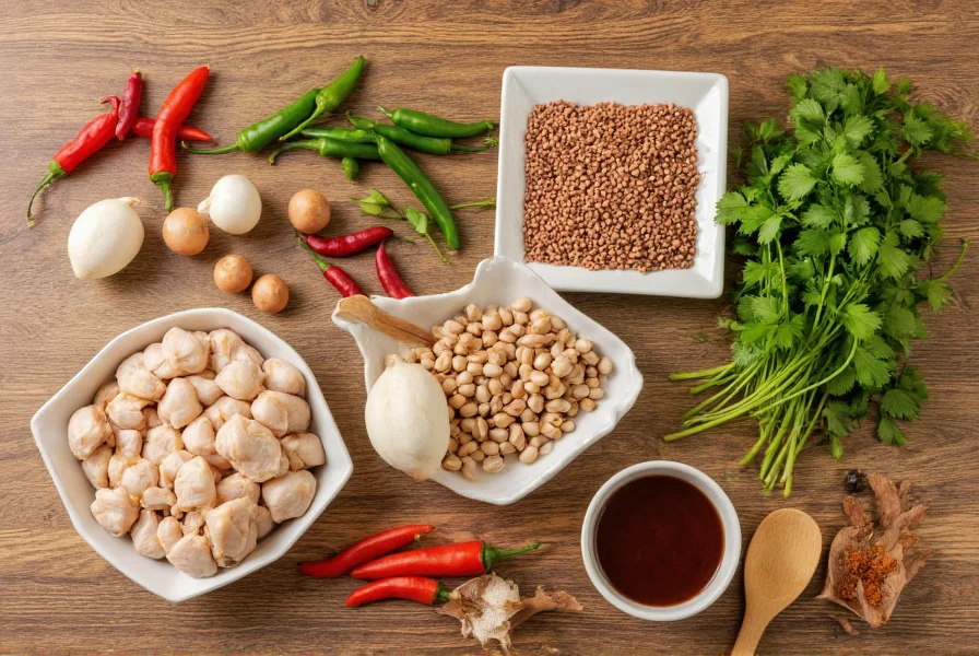 White chicken chili ingredients: chicken, white beans, corn, spices, and fresh herbs on wooden table