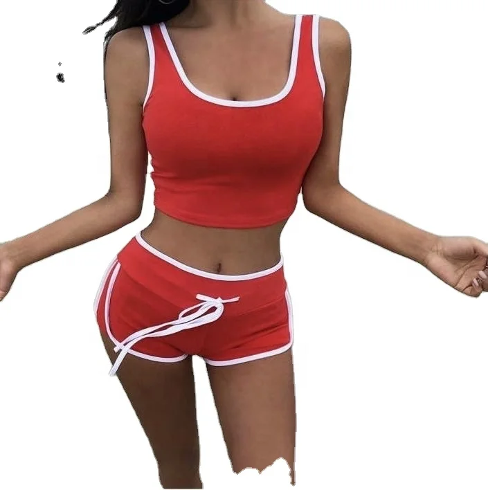 

Logo Summer Stretchy Black Plain Women Sexy Gym Crop Sleeveless Tank Top and Shorts 2 Piece Jogging Set with Drawstring, Custom