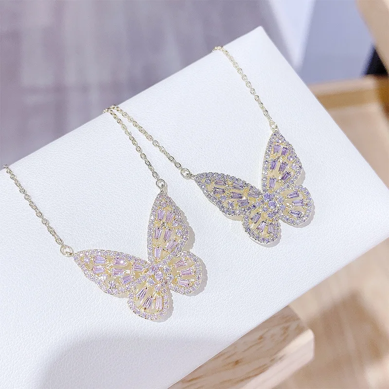 

925 Sterling Silver Plated Gold Purple Crystal Butterfly Charm Necklace Sparkling Cubic Zirconia CZ Butterfly Necklace, As show