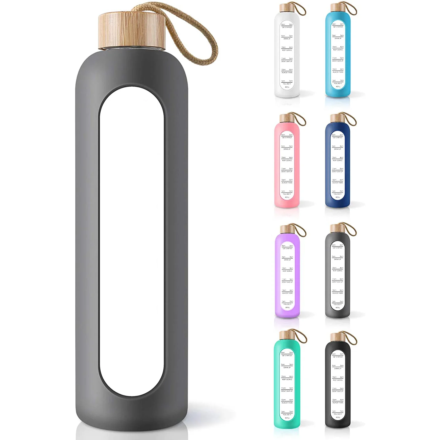 Motivational 1000ml Borosilicate Glass Water Bottle Silicone Sleeve Bamboo Lid Leak-Proof Time Marker Reminder Adults' Gym 32oz