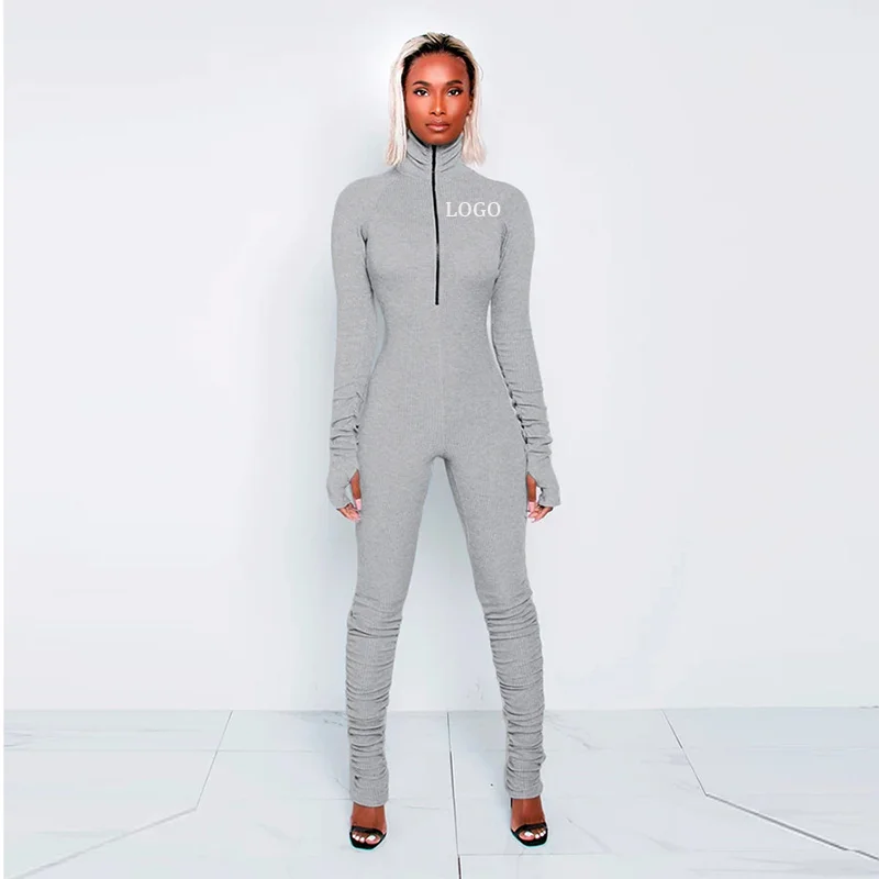 

High Performance Foreign Trade Cross Border Womens Fashion Ruffled Zipper Standing Collar Sports Jumpsuit