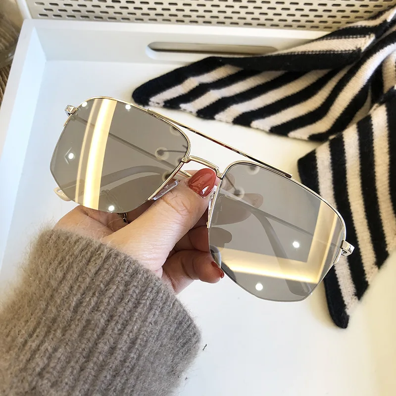 

Square simple design metal glasses female big frame men's retro silver mirror reflective sunglasses, As the picture shows