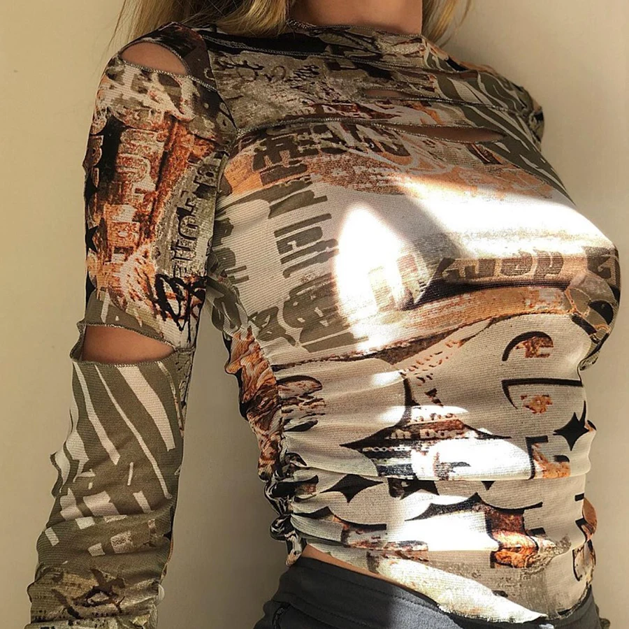 

Nibber T1738550 Factory wholesale hollow ripped female t-shirt gothic street fashion graphic crop top casual basic tee woman