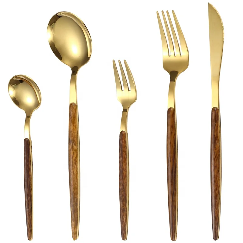 

Hot Sale Luxury Stainless Steel Knife Fork Spoon Four Pieces Wood-Like Grain Handle Flatware Set, Gold, silver