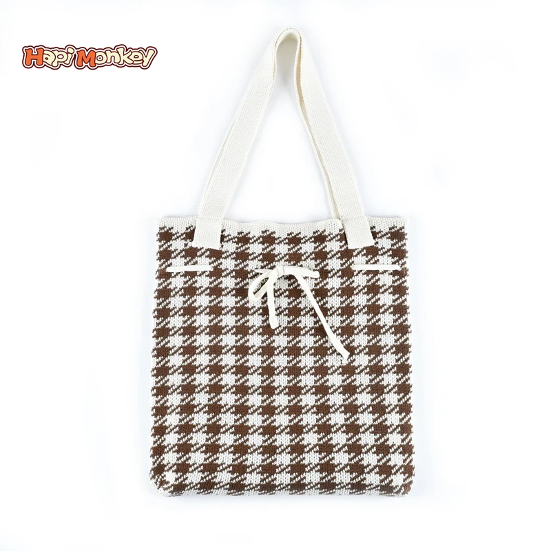 

Hapimonkey Knitting Cute Brown Shopping LatticeTote Hand Clothing Cotton Green Korean Pu Bag for Gift