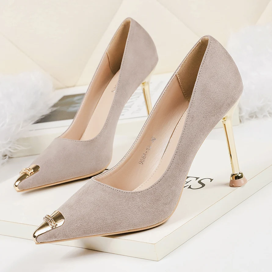 

New fashion product suede pointed toe metal heel girls high heel pumps for ladies