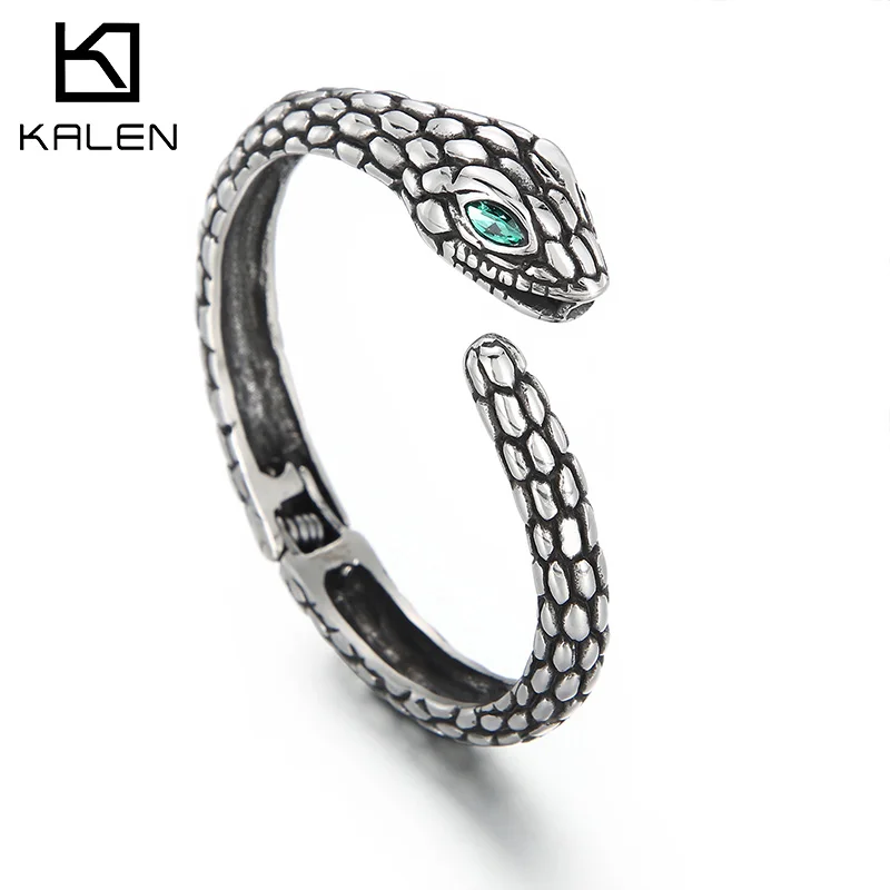 

Kalen Vintage Creative Green Eye Snake Stainless Steel Open Bangles Cuff Bracelet