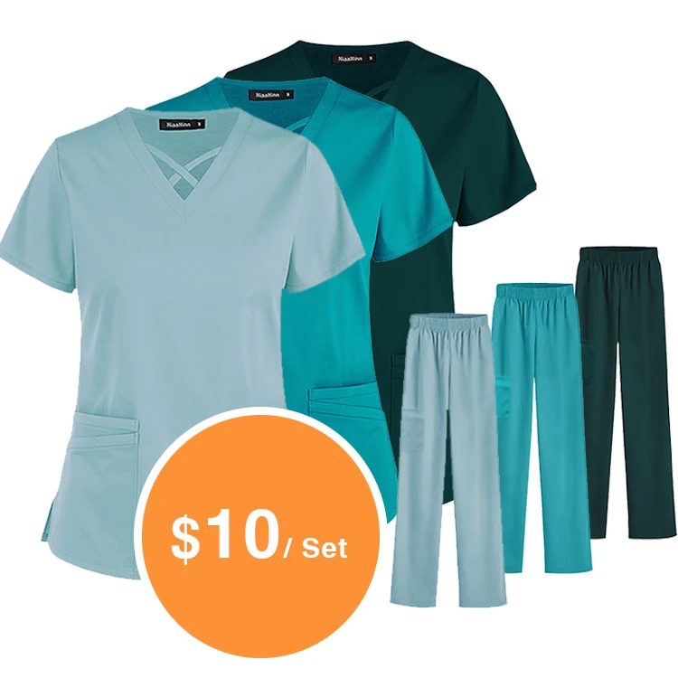 

Hot Sale V-neck Custom Hospital Uniforms Medical Nursing Scrubs Uniform Scrub Sets Short Sleeve Tops Jogger Pants Uniform Women