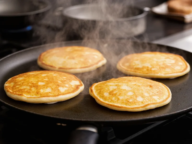 Golden pancakes flipping on griddle with steam