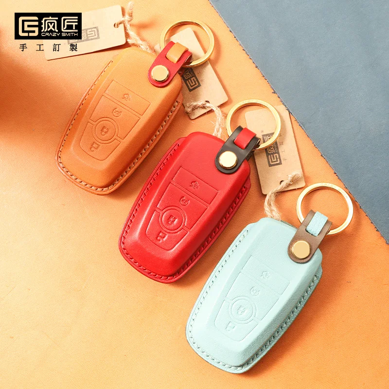 

2021 NEW High Grade LeatherCraft Hand Sewing Genuine Leather Smart Car Key Case Cover for Ford EDGE/MONDEO/Focus ST, 17 color available