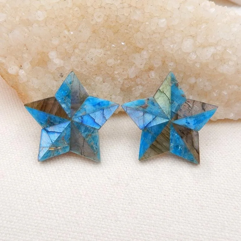 

Star Earring Natural Labradorite Blue Apatite Cabochon Intarsia Gemstone Earrings, Beads for Jewelry Making, , 12g