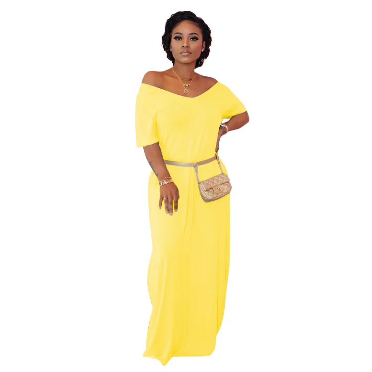 

2021 New Arrivals Fashion Plus Size Women Casual Deep V-Neck Short Sleeve Loose Solid T-Shirt Maxi Dress