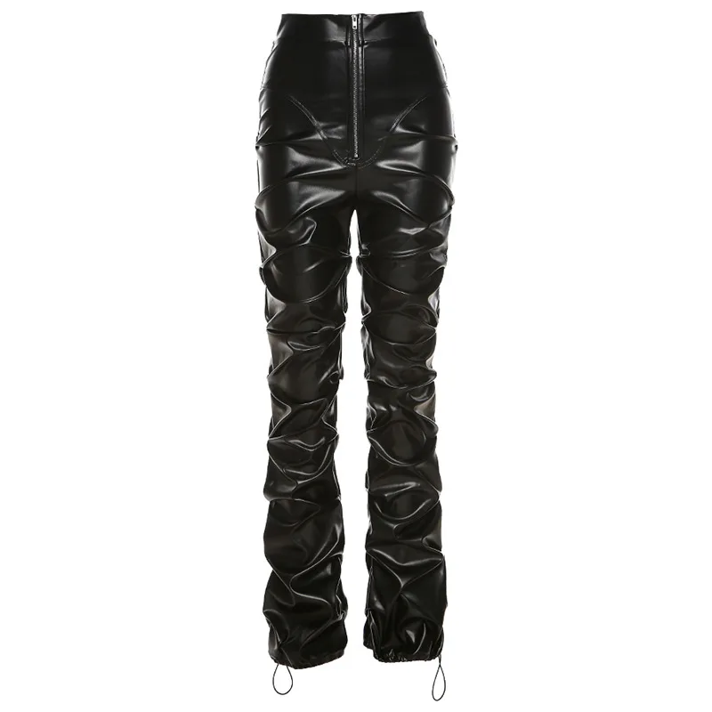 

2021 High waist and buttocks fashion street racket casual leather trousers
