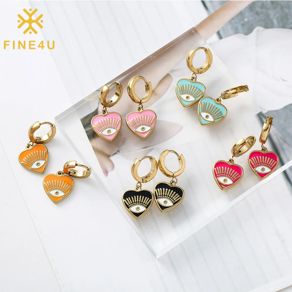 

Girls Women Jewelry Stainless Steel Gold Plated Custom Dripping Oil Colourful Enamel Eye Heart Drop Earrings