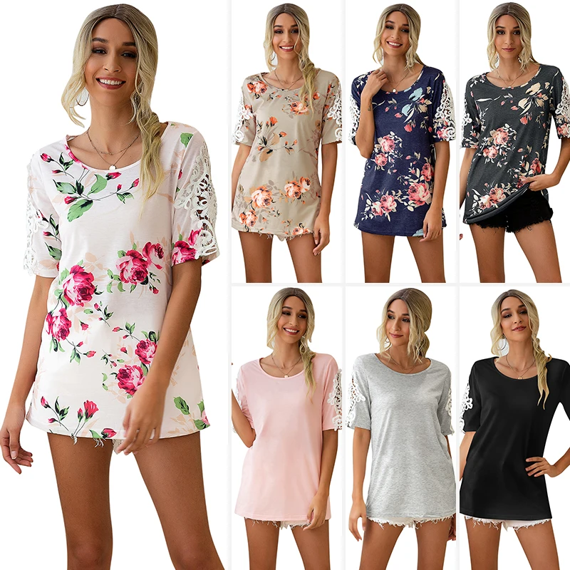 

A1002-1 2021 new European and American Casual women's summer round neck printed Short Sleeve Top solid color women's T-shirt