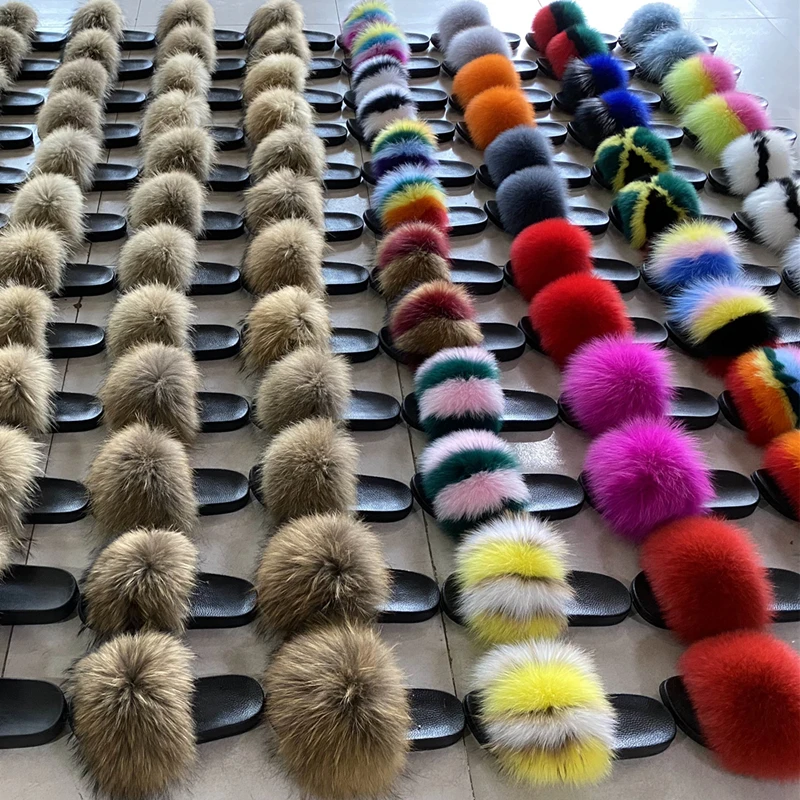 

Wholesale slippers raccoon fur slides faux sandals fox fur slides for women, Customized color