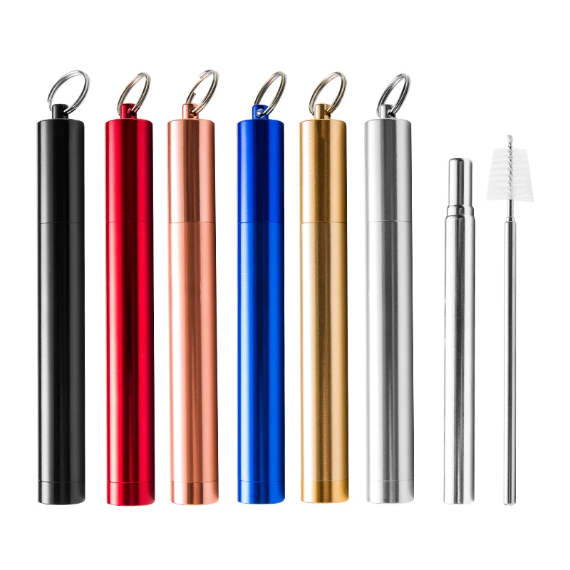 

FDA Approved Portable Telescopic Stainless Steel Collapsible Straw With Case Brush, Silver/blue/orange/red