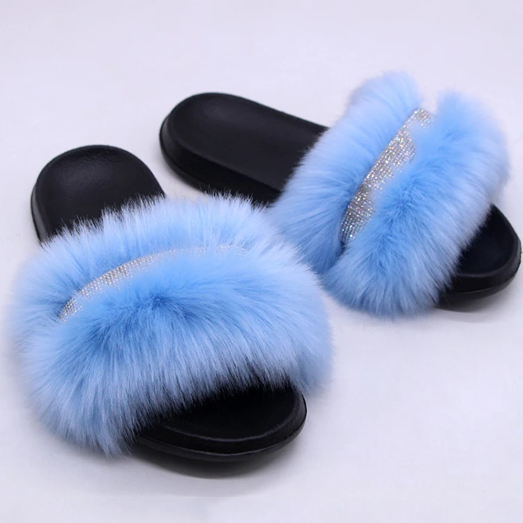 

New Fashion Women Luxurious Fluffy Solid Color EVA Antislip Fur Slippers With Diamonds, Optional