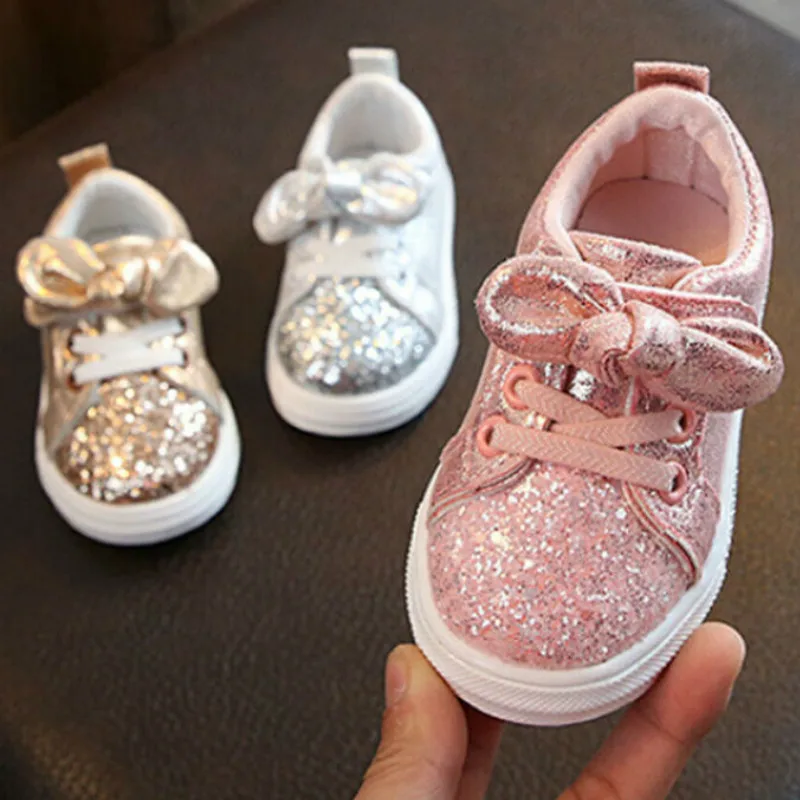 

2021 Children Four Season Shoes 1-7 Years Toddler Baby Girls Bow Sequin Crib Shoe Trend Casual Shoes Glitter Bowknot Dress Shoes