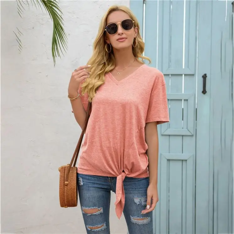 

PEARL High Quality 2021 Summer Short Sleeve V Neck Casual Solid Color Top Blouses Woman Tops T Shirts Women
