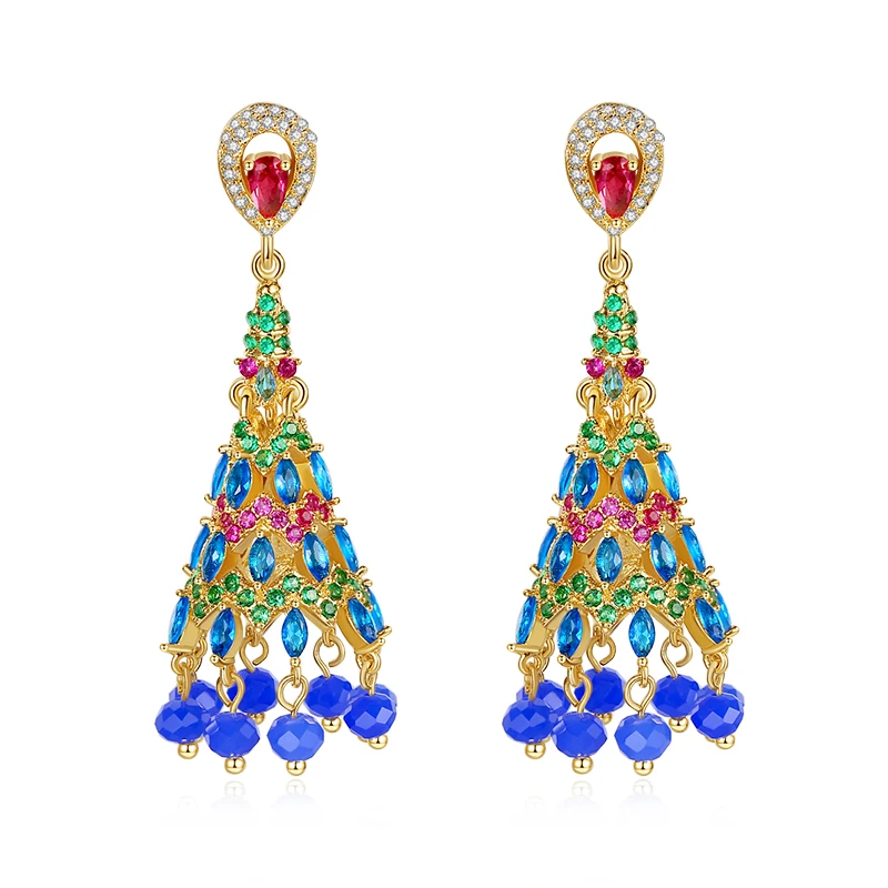 

LUOTEEMI Fashionable Blue Luster CZ and Blue Bead Earring of Indian Style Jewelry for Beautiful Woman