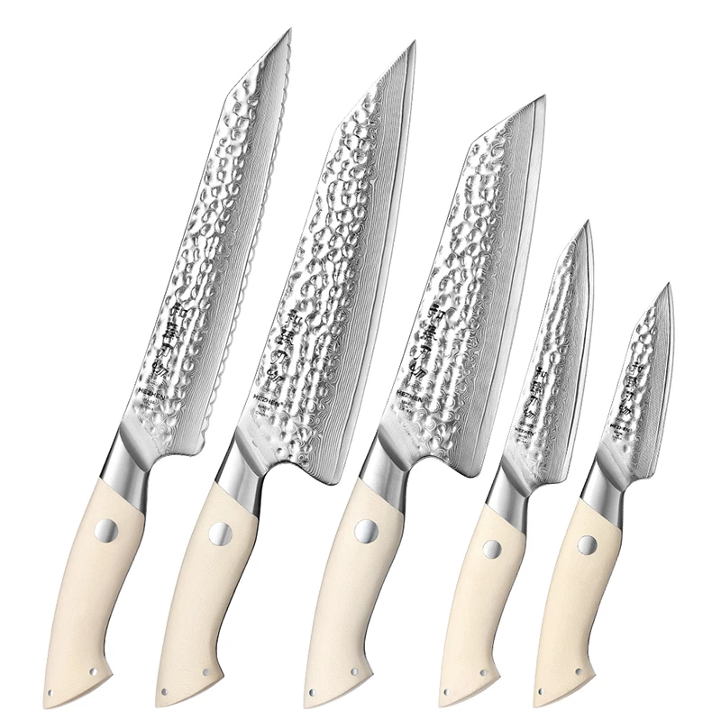 

XINZUO 5Pcs Luxury 67 layers Damascus steel Knives New Design Ivory white G10 Handle Japanese Kitchen Chef Knife Set with box