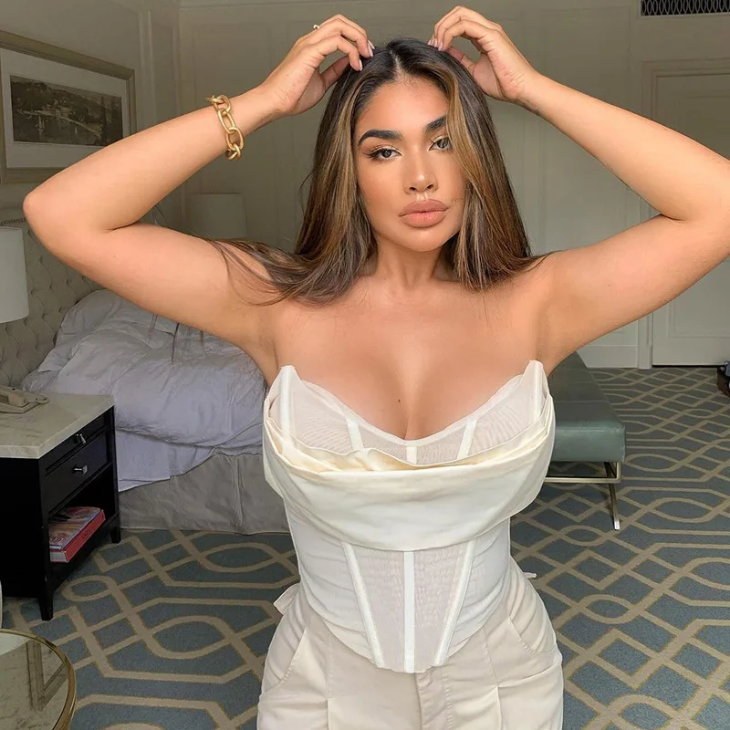 

White Solid Color Mesh See Through Boned Bustier Sleeveless Corset Top Women Sexy