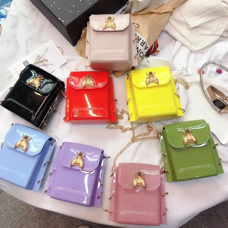 

New fashion mini bee bag waterproof jelly coin purse chain lady bags, Yellow, red, green, black, violet, apricot, light blue