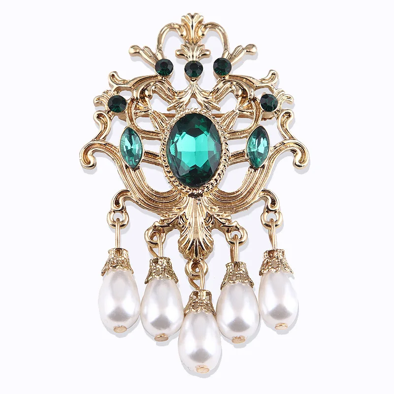 

JW-84 Wholesale Vintage Luxury Women Anti-Glare Brooch Emerald Pearl Pendant Matte Corsage Pins Brooches Jewelry Accessory, Picture colors