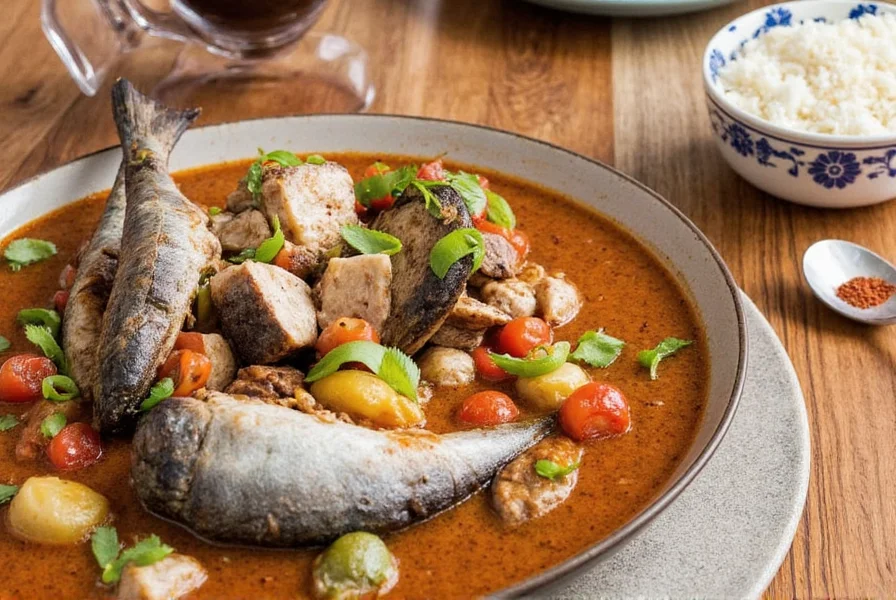 Pot of simmering fisherman stew on stove