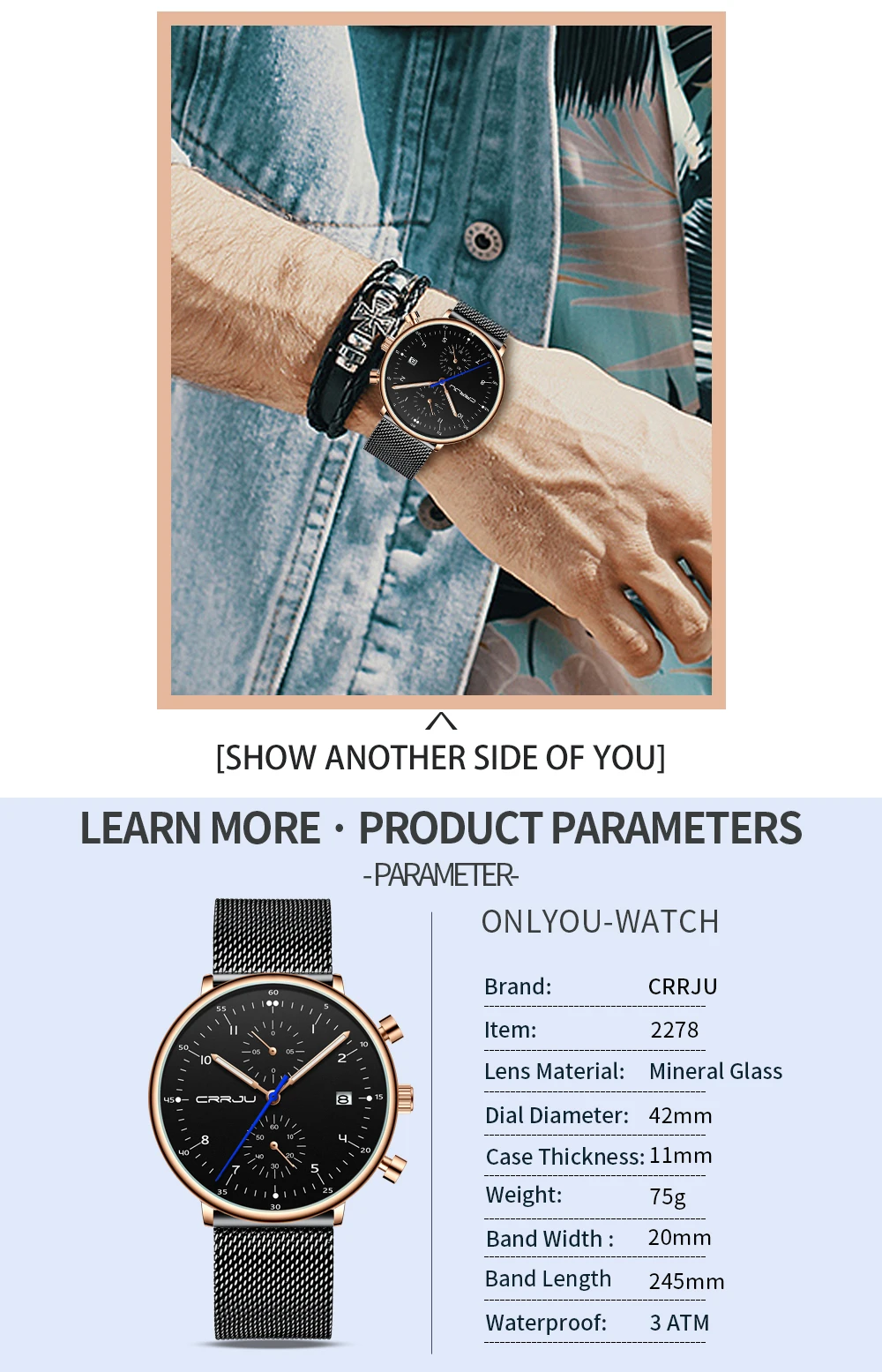 CRRJU Luxury Stainless Steel Quartz calendar watch for men 2278