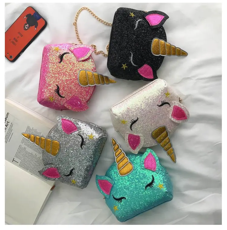 

New girl messenger bag cartoon cute sequined one shoulder fashion trend unicorn handbag, As picture color