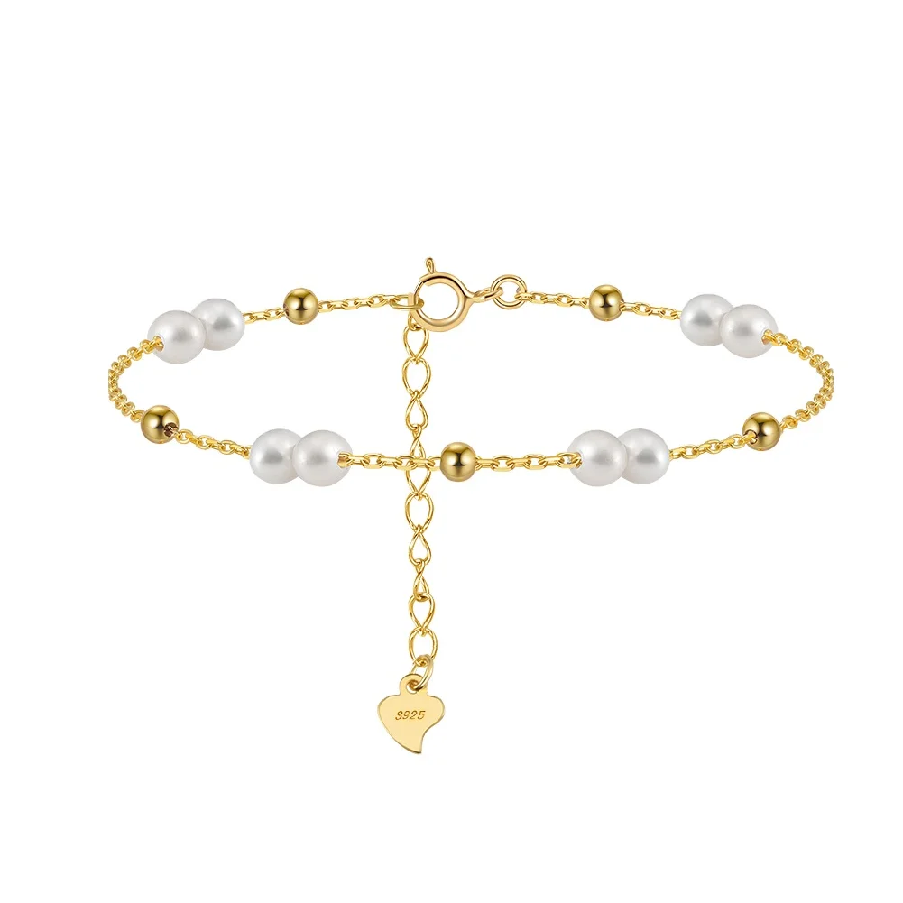 RINNTIN GPB40 925 Sterling Silver Bead Chain Multi-Strand Bracelet with Cultured Freshwater Real 14K Gold Plated Bracelet