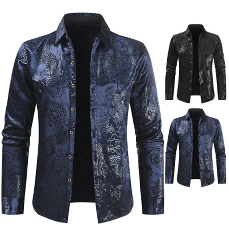 

Long Sleeve Turn-down Collar Retro Printed Men's Jackets, Dark blue/black