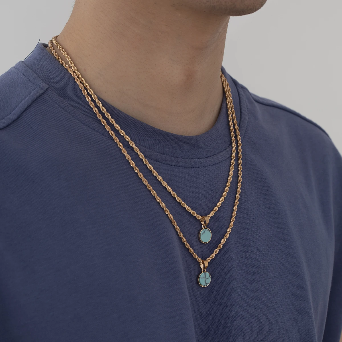 

SHIXIN Minimalist Jewelry 20Inch Gold Necklace Twisted Chain Blue Turquoise Pendant Necklace for Man Fashion Hip hop Jewelry