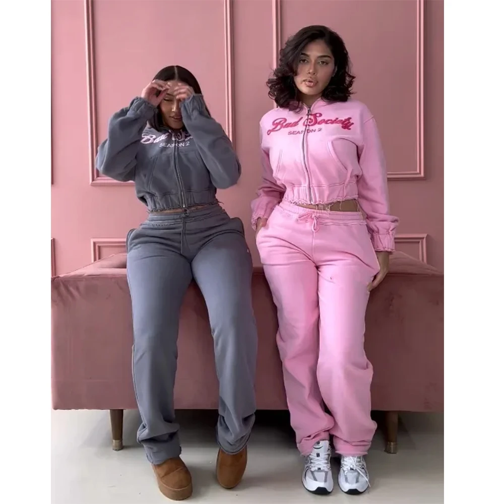 High Quality Cropped Hoodie and Sweatpants Set Women Clothing Set Custom Puff Printing Two Piece Pants Set Streetwear Tracksuits