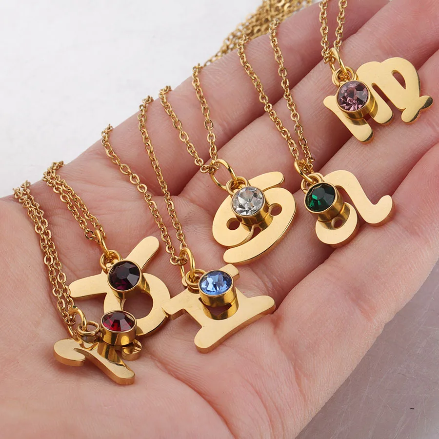 

INS Popular Design 316L Stainless Steel 12 Zodiac Sign Pendant Necklace Multi Color Birthstone Choker Necklace