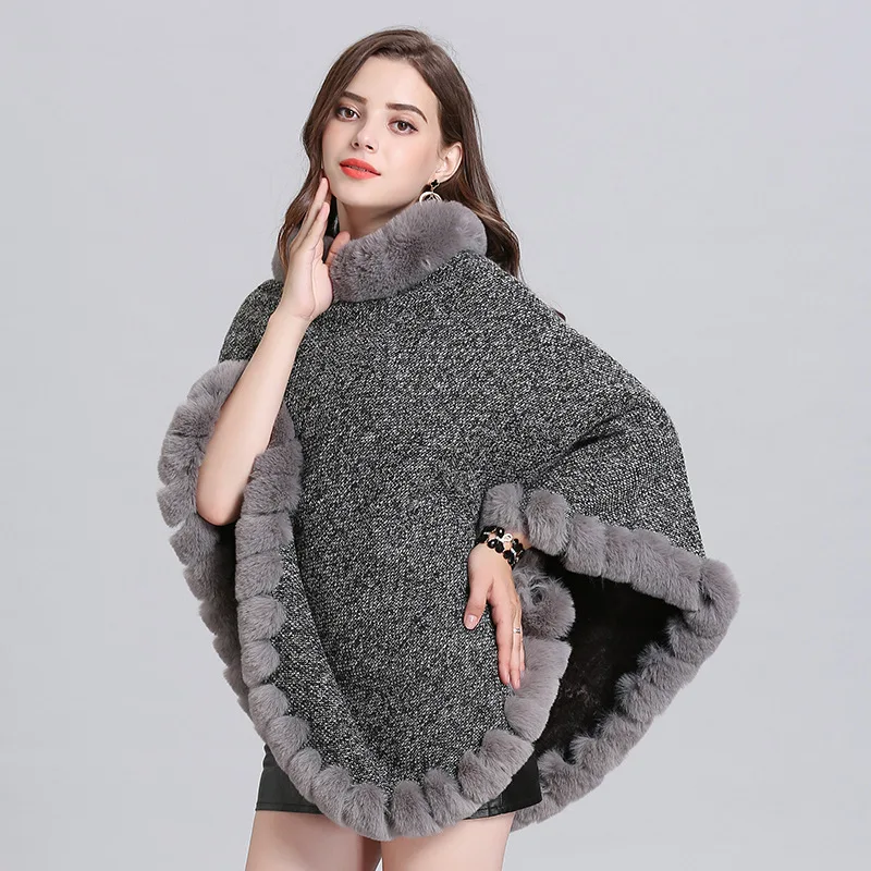 

Winter Fashion faux fur trimmed knitted hooded womens poncho sweater Autumn Winter Poncho for women