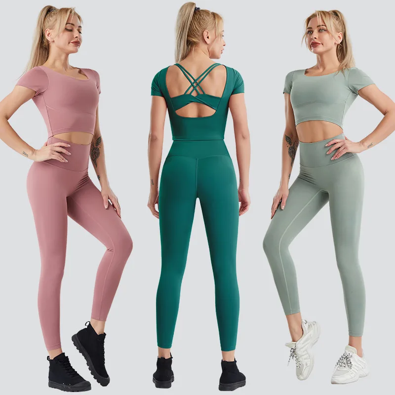 

Custom new short sleeve 2pcs sets oversized quick dry t shirt high waisted leggings set, Printed