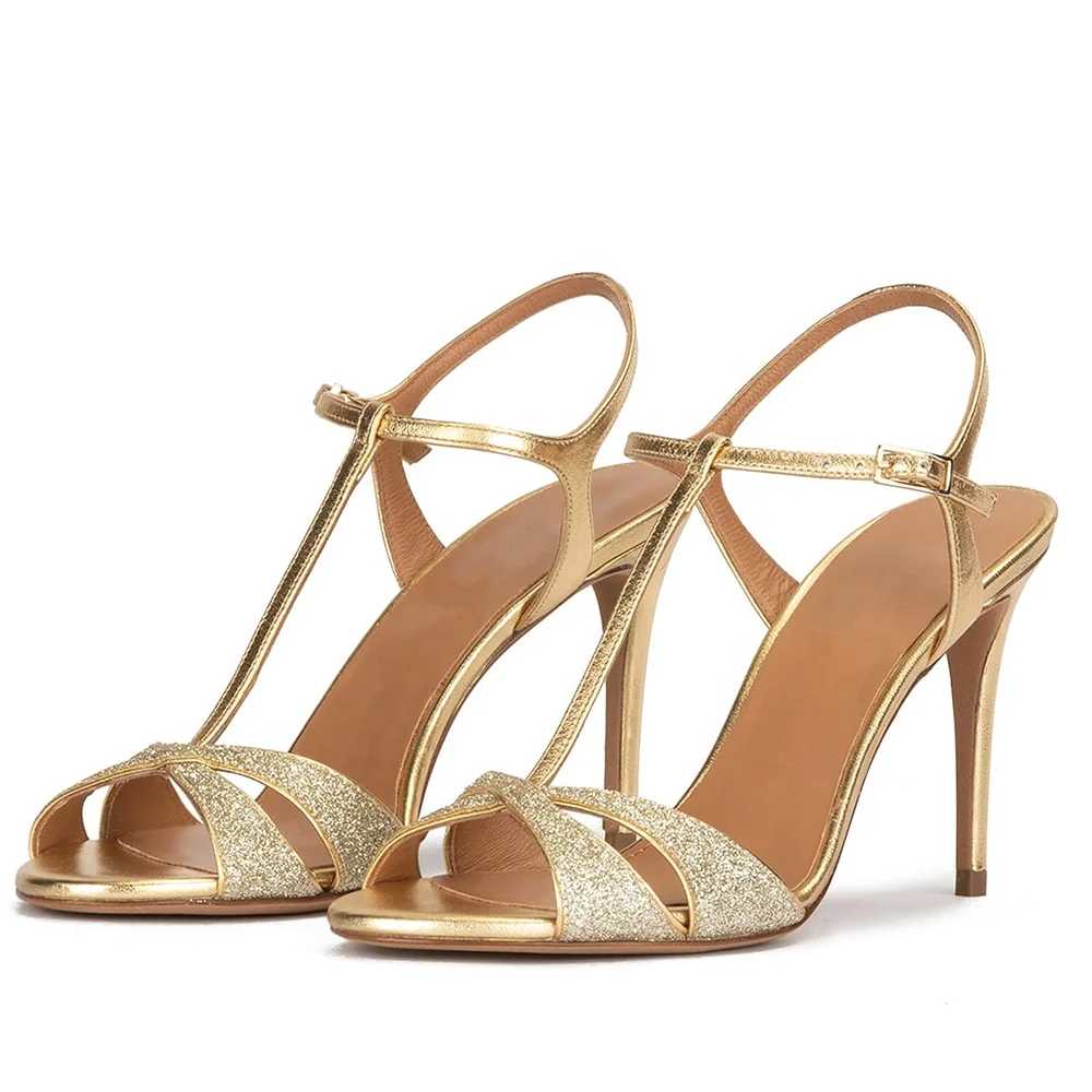 

Glitter Ladies Sexy Heel Sandals Women Heels Gold T Bar Dress Shoes Big Size, Gold, silver, coral, turquesa