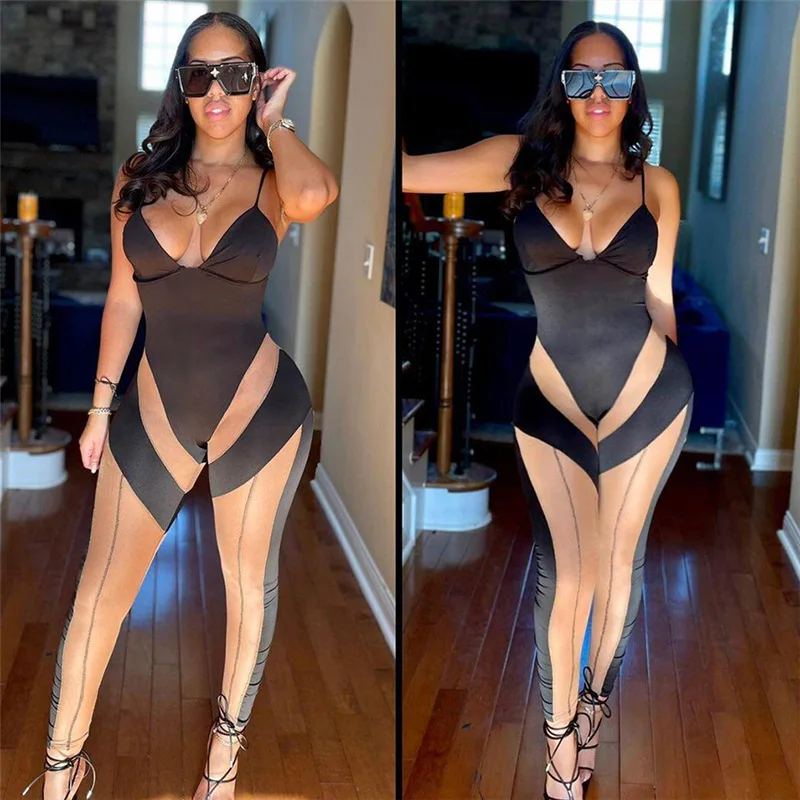 

Sexy Stitching Mesh Jumpsuit Women Hot Cleavage See Through Party Style Overall Sleeveless V-Neck Halter Sheath Clubwear