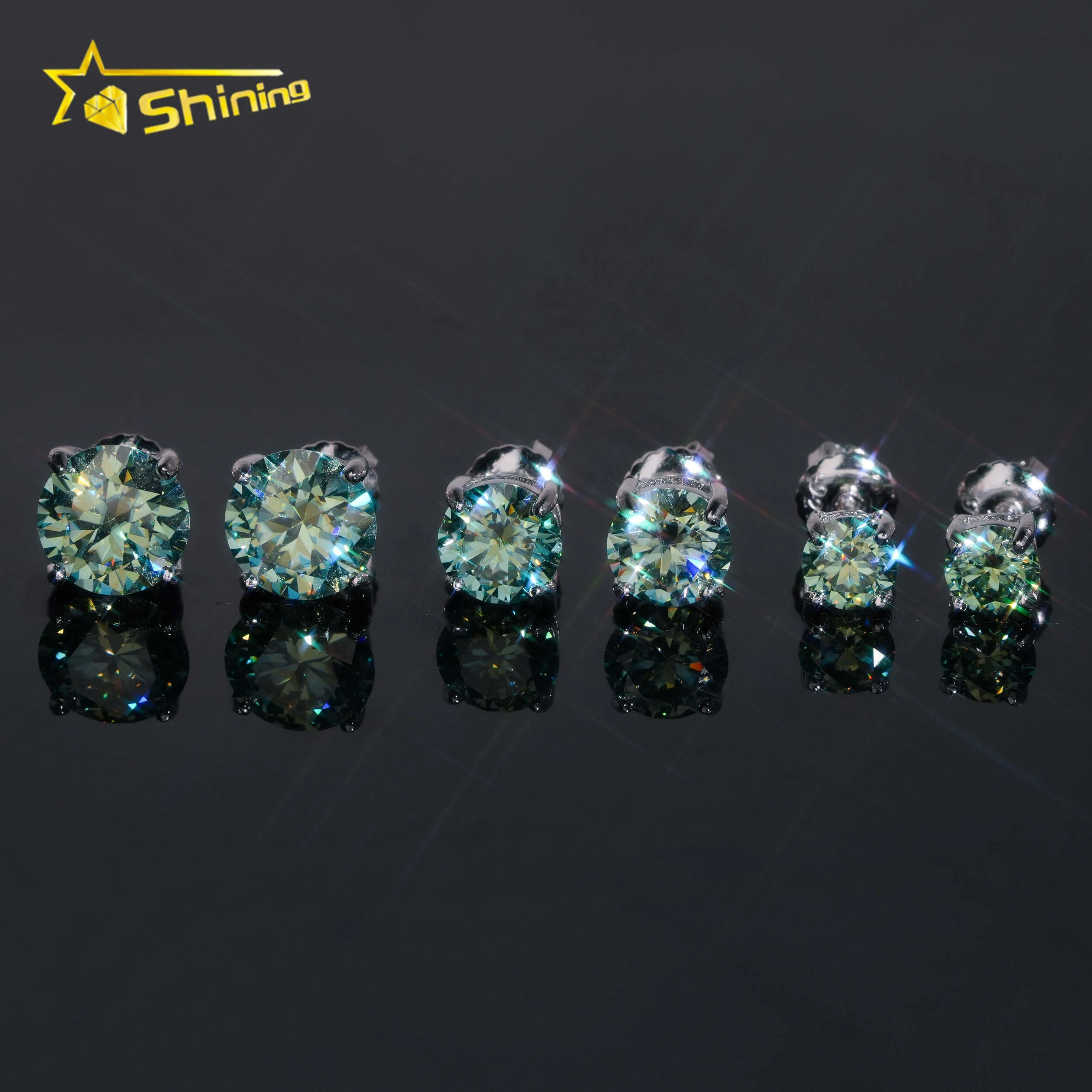 Pass Diamond Tester 925 Sterling Silver Blue Green Moissanite Round Stud Hip Hop Diamond Earrings