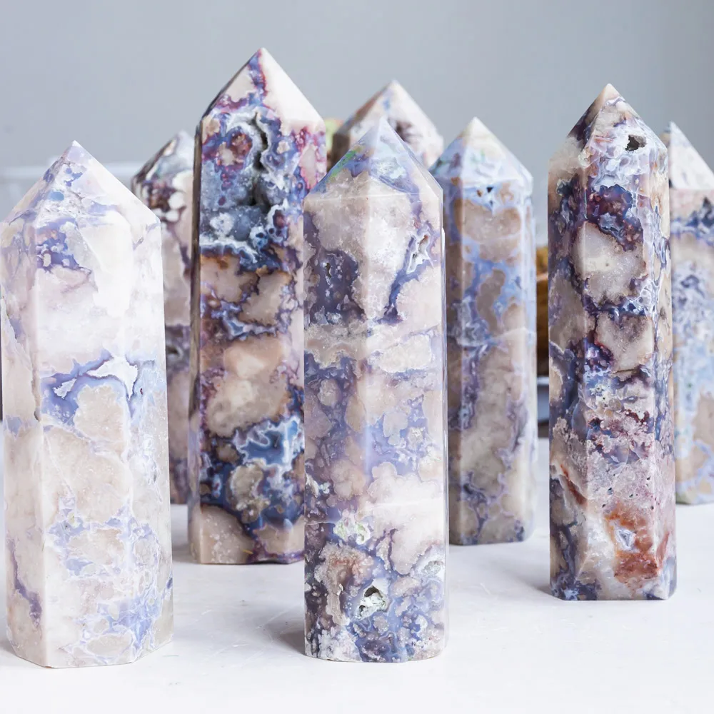 

Wholesale Natural Crystals Healing Stones Quartz Points Tower Crystal Crafts Blue Flower Agate Crystal Point For Fengshui