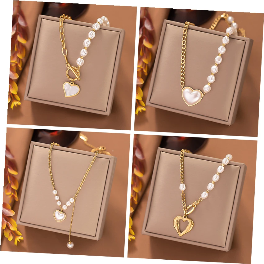 Fashion 18K Gold Plated Chain And Pearl Necklace Tarnish Free Stainless Steel Pearl Heart Necklaces For Women