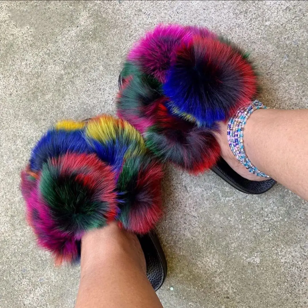 

2021 fur slippers raccoon fur slides wholesale fur raccoon slides, Color matching or can be customized according to requirements