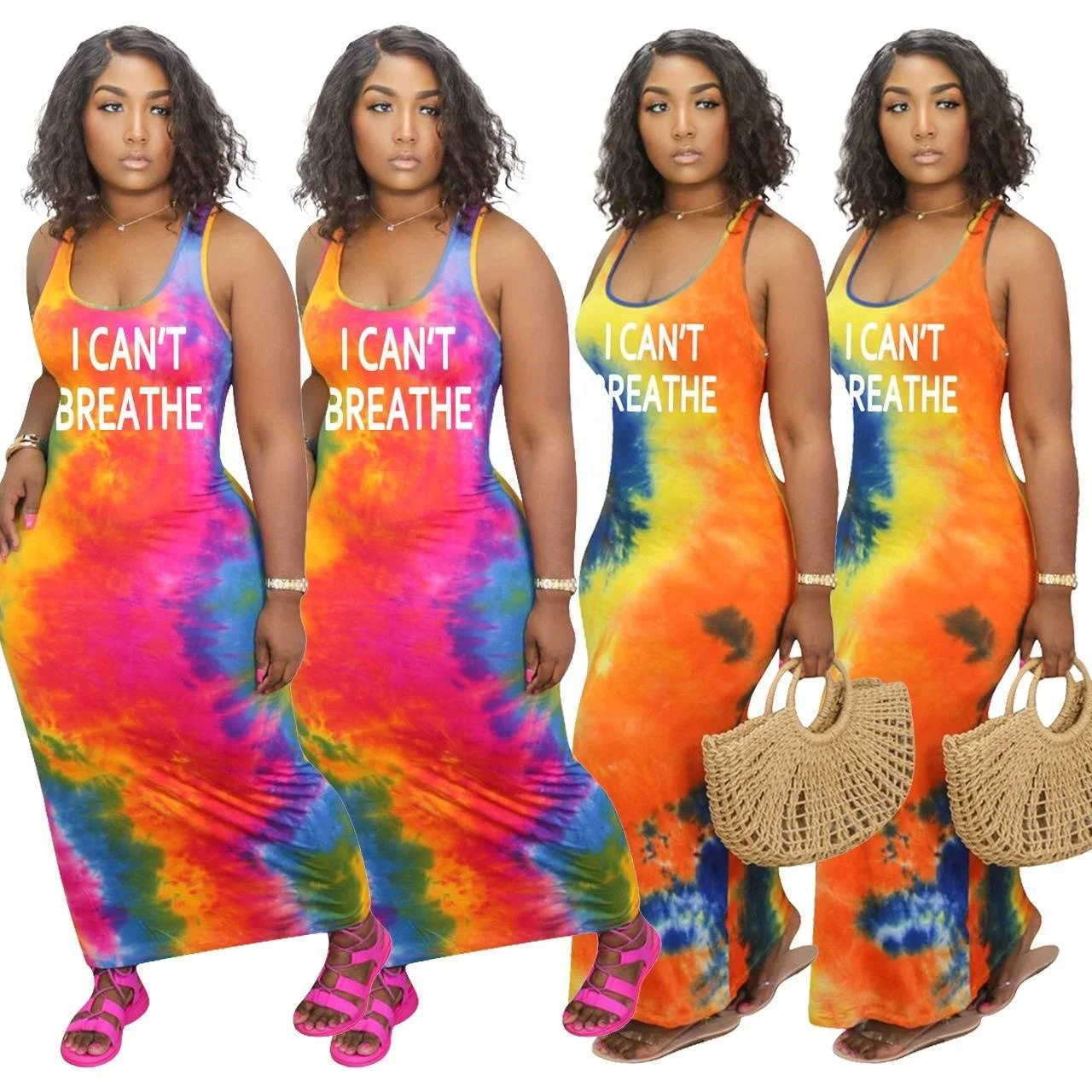 

Summer Women's Crew Neck Sleeveless Printed Long Skirt Gradient Color Letter Dress .