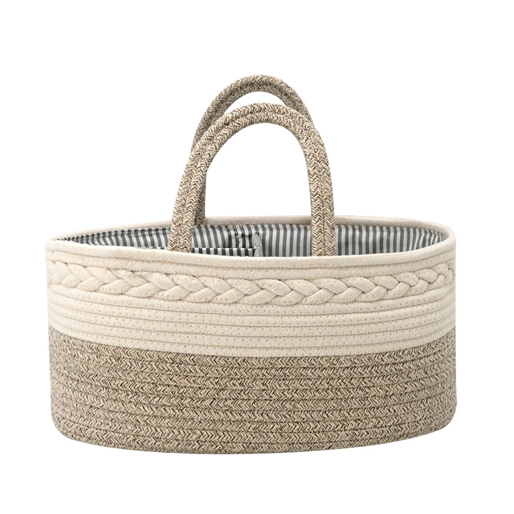 

Luxury Portable Large Capacity Cotton Rope Basket Baby Diaper Caddy With Removable Divider, Khaki